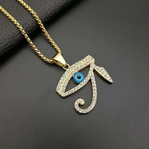Titanium steel gold plated Eye of Horus necklace with sparkling crystals and blue stone