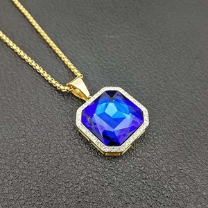 Hip hop gold plated titanium necklace with square blue glass pendant and zircon halo