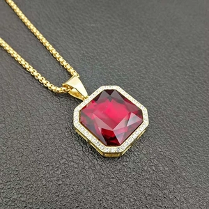 Hip hop gold plated necklace with square ruby pendant and sparkling diamond halo