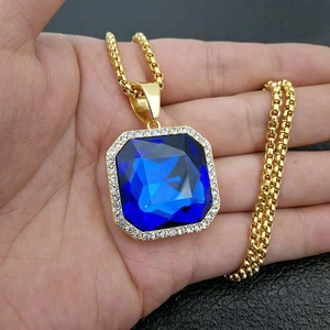 Hiphop gold plated necklace with octagonal blue stone pendant and zircon accents