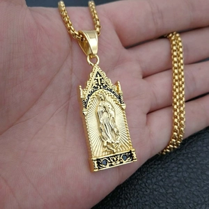 Hiphop style 18K gold plated stainless steel Virgin Mary pendant necklace with cross detail