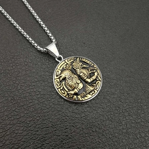 Vintage Egyptian Horus and Anubis coin pendant necklace in gold and black stainless steel