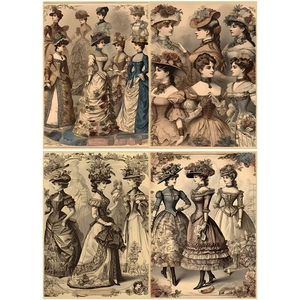 Macro detail of Victorian fashion illustrations on vintage scrapbook paper