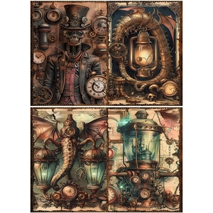 Detail of vintage steampunk material papers featuring mechanical dragons and skulls