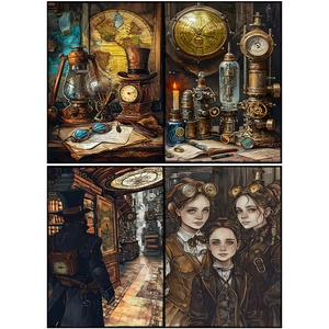 Macro detail of steampunk vintage paper featuring retro scientific instruments and maps