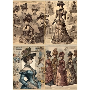 Detailed view of vintage Victorian lady fashion illustrations for DIY scrapbooking craft