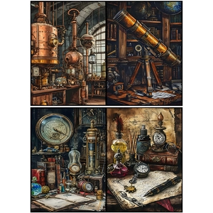 Macro detail of vintage steampunk paper sheets featuring brass gauges and scientific tools