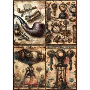 Detail of steampunk scrapbooking papers featuring vintage clocks and mechanical parts