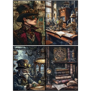 Macro shot of steampunk vintage posters featuring mechanical gears and retro characters
