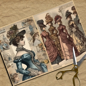 Macro detail of vintage Victorian fashion lady scrapbooking paper for DIY crafts