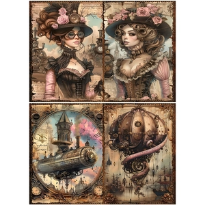 Detail showing vintage steampunk art paper with mechanical gears and Victorian motifs