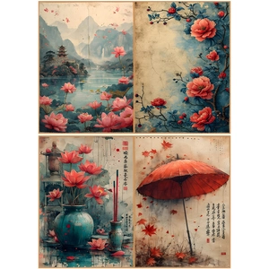 Macro detail of vintage Chinese aesthetic craft paper with traditional landscape patterns