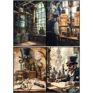 Steampunk style vintage material paper featuring detailed mechanical and scientific illustrations