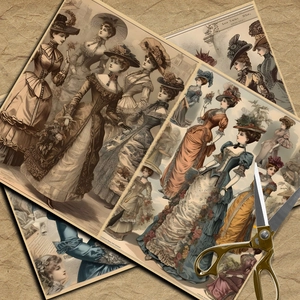 Macro shot of vintage Victorian lady scrapbooking paper with antique gold scissors