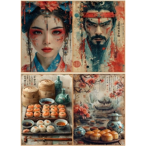 Detail of vintage Chinese ink art paper featuring classical portraits and landscapes