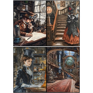 Detail of vintage steampunk stickers with mechanical gears and Victorian characters