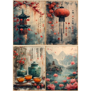 Detail of vintage Chinese aesthetic paper with traditional landscape and floral patterns
