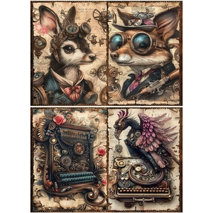 Detail of steampunk scrapbooking papers with mechanical rabbit and fox designs