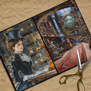Close-up of steampunk style scrapbooking paper with vintage lab illustrations and scissors