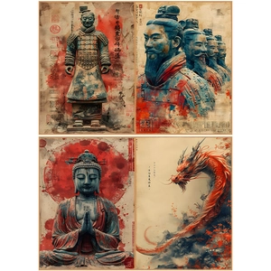 Close-up of four vintage Chinese ink art posters featuring Terracotta Warriors and dragons