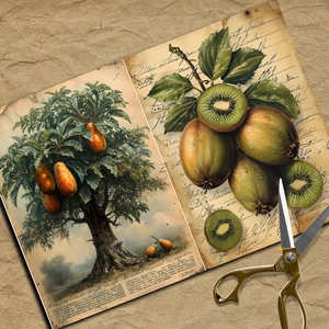 Detailed view of vintage botanical papers with fruit illustrations and craft scissors