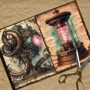 Detail of vintage steampunk craft paper showing mechanical patterns and fine edge stitching