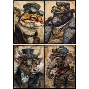 Steampunk animal portraits with mechanical goggles and vintage gear details on paper