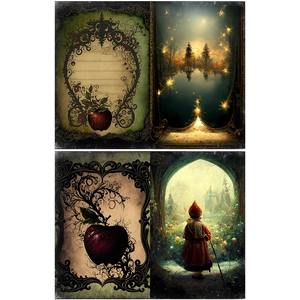 Detailed views of vintage dark fantasy scrapbook paper with forest and apple illustrations