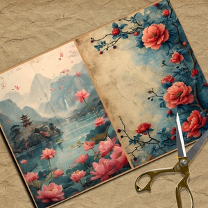 Detailed view of vintage Chinese art paper with traditional landscape and floral patterns