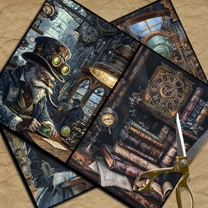 Steampunk vintage scrapbooking paper with retro gears, clocks and gentleman figures