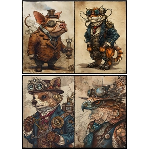 Steampunk animal art paper featuring vintage pig cat raccoon and eagle illustrations