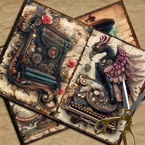 Close-up of steampunk mechanical typewriter and gear patterns on vintage scrapbooking paper