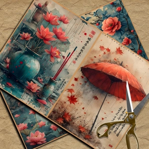 Detail of vintage aesthetic craft paper featuring traditional Chinese lotus and floral patterns