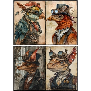 Detailed view of steampunk animal paper scrapbooking sheets with vintage mechanical motifs