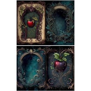 Detailed view of vintage gothic paper with intricate vine borders and dark apple motifs