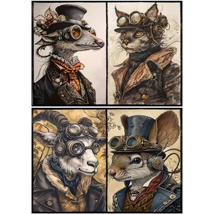 Steampunk animal scrapbooking paper with vintage armadillo, cat, goat, and squirrel portraits