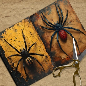 Macro detail of realistic spider stickers on vintage textured paper with gold scissors