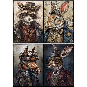 Macro view of steampunk animal portraits featuring mechanical gear and vintage details