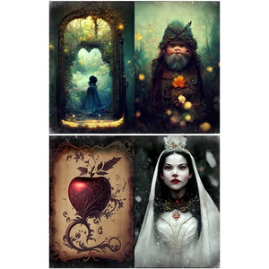 Detailed views of vintage dark fairy tale patterns featuring forest spirits and icons
