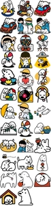 Flat lay of 35 cute white dog and cartoon character stickers for journals and cases