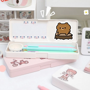 Dual-layer desk organizer set with pens and tape in cute minimalist stationery box