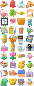 Detailed grid showing cute 3D cartoon icons of food and animals for DIY scrapbooking