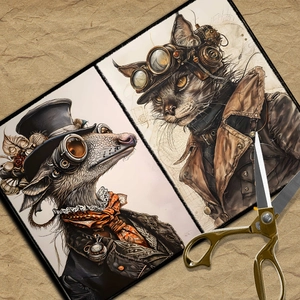 Steampunk style animal stickers featuring a badger and a cat on vintage kraft paper