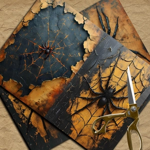 Macro view of dark spider web decorative paper with orange glow texture and gold scissors