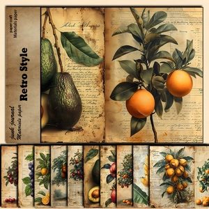 Retro fruit botanical junk journal paper set featuring vintage peach and apple illustrations