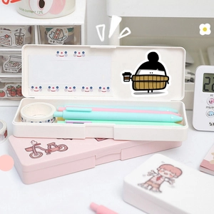 Détails de trousses en plastique rose et blanc avec d'adorables autocollants de dessin