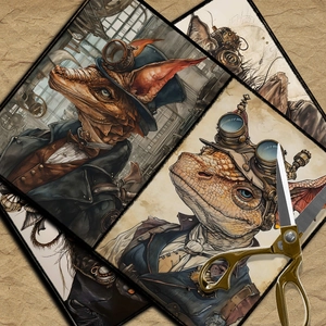 Detailed steampunk lizard character cards with intricate Victorian art for scrapbooking