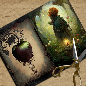 Close-up of vintage dark Snow White decorative scrapbooking papers with a bloody apple design
