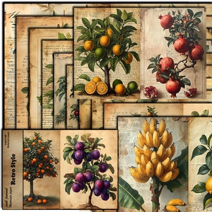 Retro botanical junk journal paper set with vintage fruit illustrations and aged paper texture