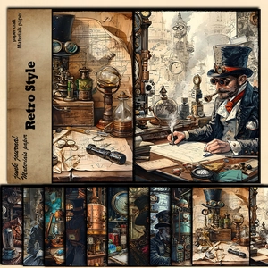 Retro steampunk scrapbooking paper set featuring mechanical and vintage figures for junk journals